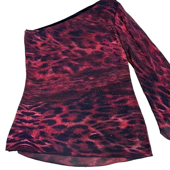 Grayse Women’s XS Elegant One Shoulder Sleeve Red & Black Evening Blouse Shirt - Picture 10 of 10